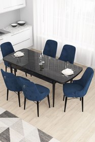 Resim Canisa Taç Serisi 80x132 Açılabilir Mutfak Masası Takımı Siyah Mermer Desen Masa 6 Lacivert Sandalye 