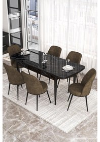 Resim Canisa Concept Kor Serisi, 70x114 Açılabilir Yemek Masası Takımı, Siyah Mermer Desen Masa Ve 6 Kahve Sandalye Masa Siyah Mermer Desenli Sandalyeler Kahve 
