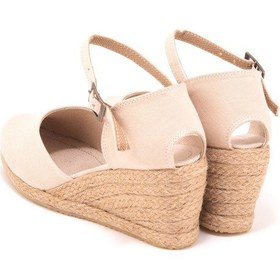 Resim Star Tombis Gerçek Elişi Bej Bilekten Bantlı Topuğu Açık Keten Espadril Dolgu Topuk Handmade Bej 