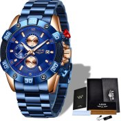 Resim Hanyang Gül Altın Mavi Lıge Yeni Moda Mavi Tasarım Kuvars Saat Erkek Saatler Erkekler Için Üst Marka Lüks Izle Tüm Çelik Su Geçirmez Spor Kronograf + Kutu (Yurt Dışından) 