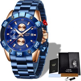 Resim Hanyang Gül Altın Mavi Lıge Yeni Moda Mavi Tasarım Kuvars Saat Erkek Saatler Erkekler Için Üst Marka Lüks Izle Tüm Çelik Su Geçirmez Spor Kronograf + Kutu (Yurt Dışından) 