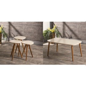 Resim Zigon Sehpa Ve Orta Sehpa Set Ahşap Kr Torna Krem 