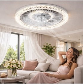 Resim Kristal Ledli Tavan Vantilatörü Kumandalı Sessiz Dimlenebilir 8 Pervaneli 6 Kademeli Zaman Ayarlı 
