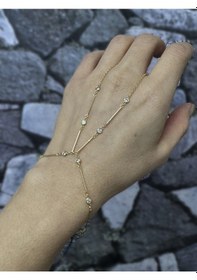 Resim Zirkon Taşlı Gümüş Şahmeran Bileklik Uzun Çubuk Zincirli Tasarım - Gold Renk Gold 