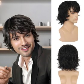 Resim 30.48 cm Siyah Kısa Katmanlı Erkek Peruk - Isıya Dayanıklı Sentetik Saç, Gevşek Dalgalı Stil, Gül Ağlı Kapak, İş Etkinlikleri, Toplantılar ve Günlük Kullanım için Mükemmel Babalar Günü Hediyesi 