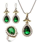 Resim Beyisa Hürrem Sultan Serisi Yeşil Yeşim Zümrüt Taşlı Damla Otantik Gümüş Üçlü Kadın Seti Ayarlanabilir Yüzü 