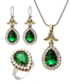 Resim Beyisa Hürrem Sultan Serisi Yeşil Yeşim Zümrüt Taşlı Damla Otantik Gümüş Üçlü Kadın Seti Ayarlanabilir Yüzü 