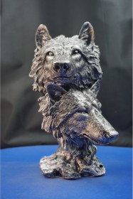 Resim Özel Tasarım Çift Başlı Kurt Heykel Biblo Çift Baş Kurt Hediyelik Dekoratif Aksesuar 30 Cm Gümüş 