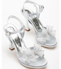 Resim Kadın Platform Abiye Ayakkabı Gümüş Fiyonklu Saten-3751 Gümüş 