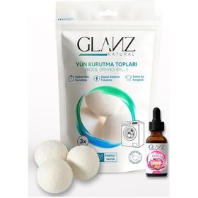 Resim Glanz 3 Adet Yün Keçe Çamaşır Kurutma Topu 7 - 8 Cm + 30ml Esans Koku Hediye - Doğal Ürün Açık Bej 