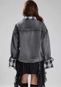 Resim tw3 Kadın Ekose Kumaş Detaylı Oversıze Tasarım Denim Ceket 