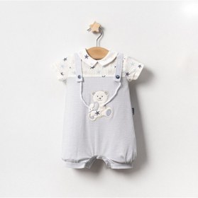 Resim Lamato Baby Yazlık Yıldız Baskılı Ayıcık Nakışlı İpli Bebe Erkek Tulum Mavi 