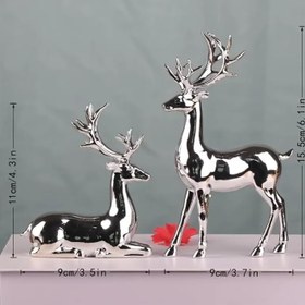 Resim Dekoratif Gümüş Kaplama Geyik Heykeli, 15,5 cm ve 11 cm, 2'li Set, PS Malzeme, Oturma Odası ve TV Ünitesi için 