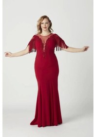 Resim Moda Berray 8009 Işlemeli Püsküllü Büyük Beden Uzun Abiye Kırmızı Kırmızı 