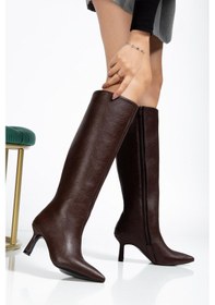 Resim Kadın Çizme Kahverengi İnce Topuklu Suni Deri Sivri Burun-4445 Kahverengi 