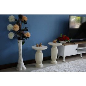 Resim 2'li Çizgili Beyaz Vazo Yan Sehpa Beyaz 