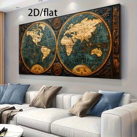 Resim 1 adet 59.99x119.99 cm Çerçevesiz Modern Antika Dünya Haritası Tuval Posteri - Altın Vurgulu Vintage Denizcilik Tasarımı, Yatak Odası ve Oturma Odası Duvar Dekoru için Yüksek Kaliteli Baskı 