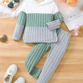Resim Kız Çocuk 2'li Takım, İlkbahar/Sonbahar Örgü Kapüşonlu ve Düz Renkli Ribana Pantolon, Rahat Renk Bloklu Uzun Kollu Kazak, Esnek Kumaş, Normal Kalıp, Polyester ve Spendex Karışımı, Açık Hava İçin 