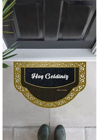 Resim Dekoratif Siyah Kapı Önü Paspası Hoş Geldiniz Yazılır Yıkanabilir Toz Alıcı Halı Kapı Önü Paspası Gold 