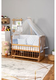 Resim Ahşap Beşik Anne Yanı Beşik Vernikli 60x120 - Mavi Yıldız Tek Yastık Uyku Seti + Yatak Ahşap 