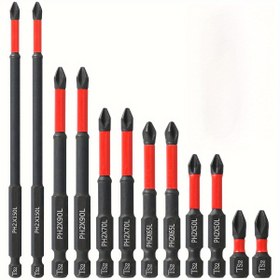 Resim 6'lı set volfram çelik manyetik tornavida başları - S 2, 1/4" sap, çapraz ve L M düz kafa, kırmızı ve siyah, erkek elektrikli ve manuel sürücüler için uygun 
