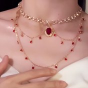 Resim 1 Adet Vintage Bohemian Üç Katmanlı Kolye - Yapay Yakut Damla Pendant ve Altın Tonlu Boncuklar, Kadınlar için Şık Düğün & Parti Takısı, Yıl Boyu Kullanılabilir Aksesuar, Katmanlı Tasarım, Zarif Zincir, Görkemli Parça, Kadın Modası 