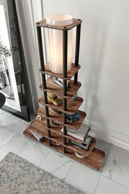 Resim SIERRAS MIDDLE Lambader – 140 cm Yükseklik, 24x100 cm Geniş Raflı Taban, Modern Ahşap Görünüm, Dekoratif Aydınlatma Ünitesi, E27 Duy Uyumlu, LED Ampul ile Kullanılabilir, Göz Yormayan Işık (Ceviz) 