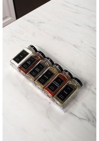 Resim 6'lı Şeffaf Pleksi Standlı Cam Baharatlık Seti Siyah Kapaklı Etiketli Baharatlık Mh02syh06 Siyah - Şeffaf 