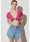 Resim Regular Fit Normal Kesim V Yaka Pembe Crop Bluz Pembe 