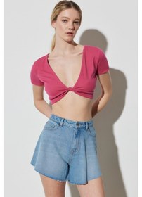 Resim Regular Fit Normal Kesim V Yaka Pembe Crop Bluz Pembe 
