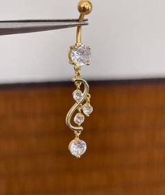 Resim 316 L Cerrahi Çelik Anti Alerjik 10 Mm Kristal Taşlı Sallantılı Sarmaşık Model Göbek Piercingi Gold 
