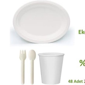 Resim Ekolojik 48 Kişilik Parti Piknik Sofra Sunum Seti - 28x20 Cm. Oval Tabak Bardak Çatal Kaşık Takımı 