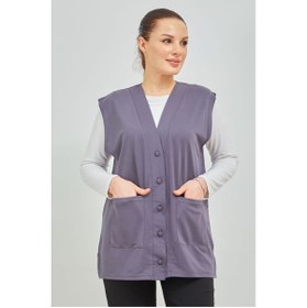 Resim Fresh&Moda Kadın Gri Kısa Cepli Düğmeli Penye Anne Büyük Beden Yelek 