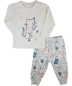 Resim Luggi Baby Kız Bebek Ekru Cute Cat Uzun Kollu Pijama Takımı Lgb-6421 