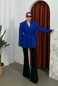 Resim msm fashion Kadın Oversize Blazer Ceket Saks Mavisi Kuşaklı Omuz Detaylı 