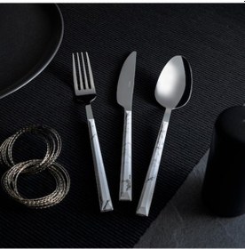 Resim Nehir Flore Parlak Beyaz Mermer 36 Parça Çatal Bıçak Kaşık Takımı Beyaz Mermer 