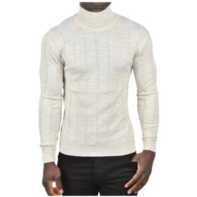 Resim Deepsea Erkek Bej Slim Fit Likralı Tam Balıkçı Yaka Çizgili Boğazlı Kazak 2505504 Bej 