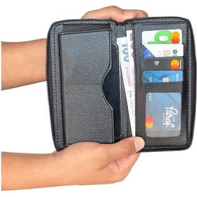 Resim Premium Serisi Lüks Deri Dikey Fermuarlı Telefon Bölmeli Cüzdan Kemer Kartlık Ve Saat Erkek Seti Siyah 