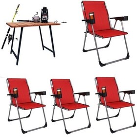 Resim Alin Metal Kamp Sandalyesi 4''lü Lüks Bardaklı Kamp Sandalyesi Ve Masa Set Fgt-03 Kirmizi Kırmızı 
