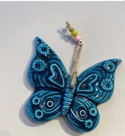 Resim El Yapımı Nazar Boncuğu, Duvar Dekorasyon Ürünü, Seramik, El İşçiliği, Turkuaz Renkte Kelebek Desenli - 