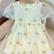 Resim Kızlar için Puf Kollu Çiçekli Tutu Elbise - Küçük Kızlar için Sevimli Yaz Prenses Elbisesi, Sarı Çiçeklerle Açık Mavi, Rahat Gezintiler İçin Mükemmel, Rahat Yaz Elbisesi | Çiçek Desenli Elbise | Nonstretch Kumaş 