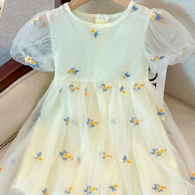 Resim Kızlar için Puf Kollu Çiçekli Tutu Elbise - Küçük Kızlar için Sevimli Yaz Prenses Elbisesi, Sarı Çiçeklerle Açık Mavi, Rahat Gezintiler İçin Mükemmel, Rahat Yaz Elbisesi | Çiçek Desenli Elbise | Nonstretch Kumaş 