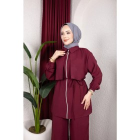 Resim Weak Blue Kadın Tesettür Takım Çift Kat Görünümlü Fermuarlı Tunik Bol Paça Pantolon Moda Kumaş Ikili Takım 