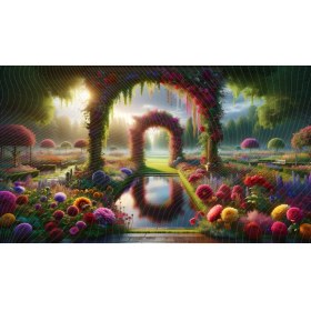 Resim Venspor Çiçek Bahçesi Kemeri Temalı Renkli Çiçekler ve Su Yansımaları Ile Dekoratif Arkaplan 200 x 150 cm Fon Duvar Örtüsü 