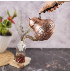 Resim Dmt Copper Gaziantep Bakır Çaydanlık Takımı Ağır El İşlemeli Tuğra Modeli 