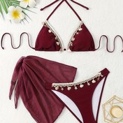 Resim Kadınların Şık Mor Dantelli Bikini Seti - Yüksek Esneklikli Kumaş, Düz Renk, Çiçek Süslemeli Üç Parça Mayo, Plaj Aksesuarları | Çiçek Süslemeleri | Bağcıklı Üst, Plaj Mayo 