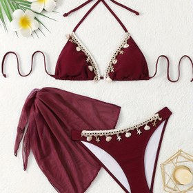 Resim Kadınların Şık Mor Dantelli Bikini Seti - Yüksek Esneklikli Kumaş, Düz Renk, Çiçek Süslemeli Üç Parça Mayo, Plaj Aksesuarları | Çiçek Süslemeleri | Bağcıklı Üst, Plaj Mayo 