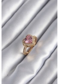 Resim Pirinç Gold Renk Pembe Zirkon Taşlı Charm Kalp Model Kadın Yüzük Diğer 