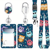 Resim Yaratıcı çizgi film baykuş belge tutucu, çekilebilir rozetli askılı, kart isim etiketi askılı dikey belge koruma çantası hemşire doktor öğretmen öğrenci 