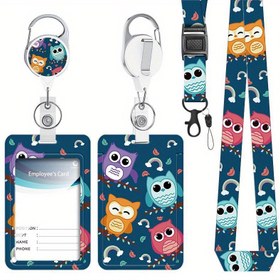 Resim Yaratıcı çizgi film baykuş belge tutucu, çekilebilir rozetli askılı, kart isim etiketi askılı dikey belge koruma çantası hemşire doktor öğretmen öğrenci 